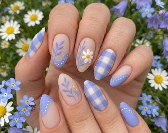 Lavender Floral Almond Nails | Periwinkle Gingham Plaid False Nails | Cottagecore Daisy Glue On