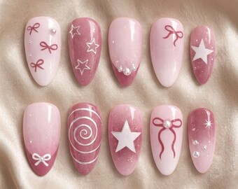 Pink Coquette Press On Nails | Ombre Bow Star Almond False Nails