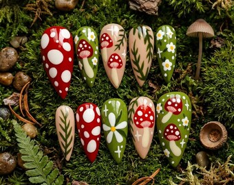 Cottagecore Mushroom Press On Nails | Red Amanita Woodland Almond Nails