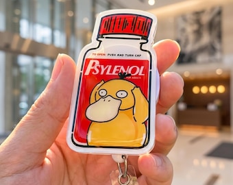 Psylenol Psyduck Badge Reel, Funny Retractable ID Holder, Cute Pharmacist Acrylic Badge Reel