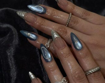 Steel Blue Cat Eye Press On Nails | Silver Chrome 3D Abstract Metallic False Nails