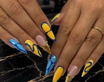 Handmade Abstract Yellow Blue Stiletto Press On Nails | Avant-Garde Gold Chrome Artisan False Nails