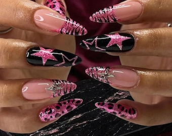 Pink Glitter Leopard Stiletto Nails | Y2K Star Zebra False Nails