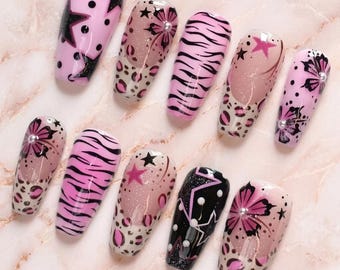 Pink Leopard Star Mix Press On Nails | Scene Queen Handmade False Nails