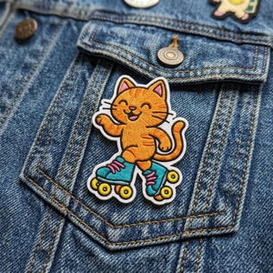 Roller Skating Cat Patch - Retro 80s 90s Roller Skate Embroidered Patch - Cute Orange Tabby Cat Iron On Patch - Kawaii Kitten Badge