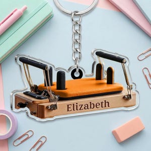Custom Pilates Reformer Acrylic Keychain, Personalized Name Fitness Coach Keyring, Cute Orange Wooden Machine Bag Charm image 3