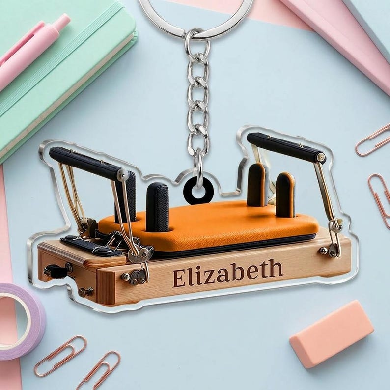 Custom Pilates Reformer Acrylic Keychain, Personalized Name Fitness Coach Keyring, Cute Orange Wooden Machine Bag Charm image 3
