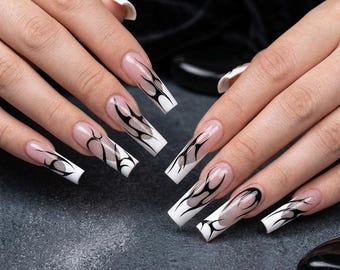 Black Flame French Tip Press On Nails | Long Square Y2K Gothic False Nails