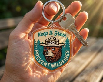 Smokey Bear Keychain, Prevent Wildfires Accessory, Sustainable Plywood Acrylic Charm