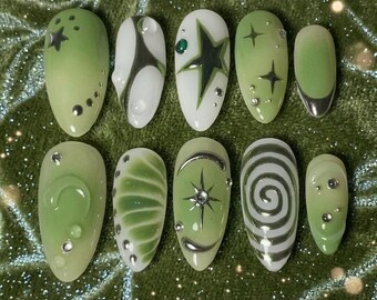 Celestial Jade Green Almond Press On Nails | Silver Chrome Star Moon False Nails