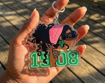 AKA 1908 Keychain, Pink Green Ivy Leaf Sorority Accessory, Black Girl Magic keyring