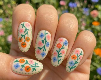 Handpainted Floral Almond Press On Nails | Cottagecore Pastel Wildflower False Nails