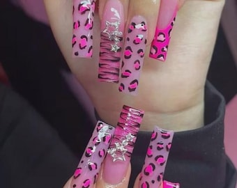 Y2K Hot Pink Leopard Press On Nails | Long Square Nails | Animal Print Cheetah Zebra