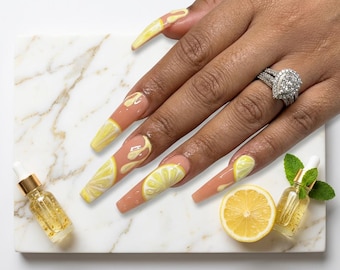 Handpainted Lemon Slice Coffin Press On Nails – Summer Citrus Fruit Design