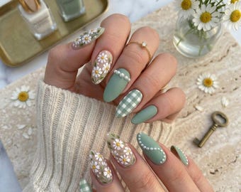 Sage Green Daisy Press On Nails | Gingham Plaid Pearls Almond Nails