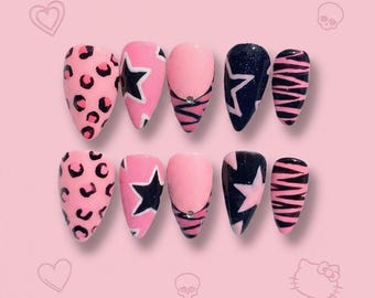 Pink Black Y2K Leopard Zebra Star Almond Press On Nails | Emo Cyber Punk