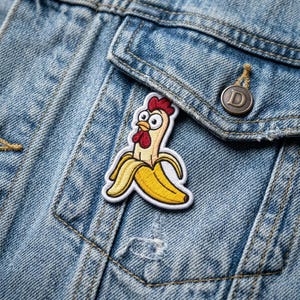 May include: Embroidered patch featuring a cartoon chicken-banana hybrid. The patch has a yellow banana peel with a chicken body, red comb, and googly eyes. The patch is on a light blue denim jacket.