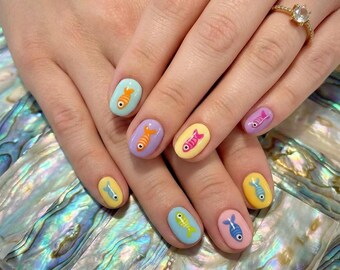 Kawaii Goldfish Press On Nails | Pastel Fish Short Round Manicure