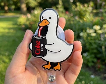 Funny Duck Coke Zero Badge Reel, Cute Retractable ID Badge Holder for Nurses, Acrylic Soda Lover Name Badge Clip