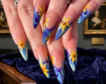Starry Night Press On Nails | Artistic Sunflower French Tip False Nails