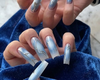 Sweet Blush Press On Nails | Silver Chrome 3D Abstract Long Square Nails