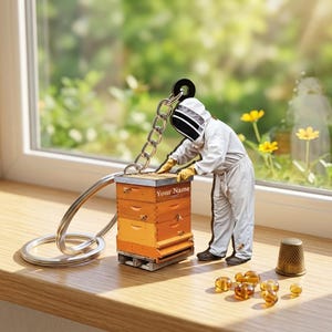 May include: A miniature keychain featuring a beekeeper tending to a wooden beehive. The hive is painted in shades of orange and brown, with the text "Your Name" on the top. The beekeeper wears a white suit and protective headgear. A thimble and amber-colored beads are also present.