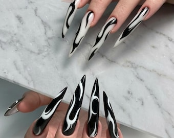 Black White Flame Stiletto Press On Nails | Tribal Gothic Cyberpunk Statement Nails
