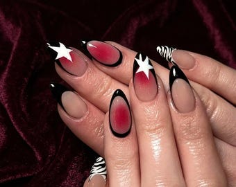 Handmade Aura French Tip Press On Nails | Black Star, Zebra Print Almond False Nails