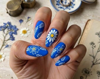 Royal Blue Daisy Almond Press On Nails | Matte Mediterranean Floral False Nails