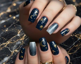 Midnight Blue Celestial Press On Nails | Gold Moon Stars Glitter Gradient Square Glue Nails