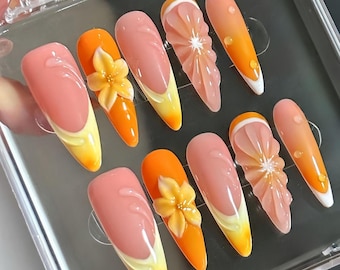Summer Orange Tropical Press On Nails: 3D Hibiscus, Citrus Fruit, French Tip Fake Nails