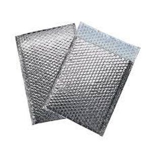 May include: Two rectangular shipping mailers with a metallic silver exterior and a textured bubble-lined surface. Each mailer features a flap at the top with a visible adhesive strip, designed for protective packaging of items during transit.