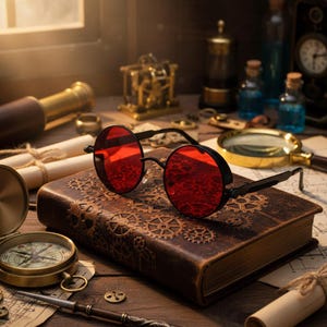 Op de afbeelding: Zwarte steampunk zonnebril met ronde rode glazen ligt op een bruin, ledergebonden boek met tandwielpatronen. De bril wordt omringd door vintage items zoals een kompas, vergrootglas en telescoop, wat een vintage esthetiek creëert.