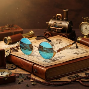 Peut inclure: Lunettes rondes à monture dorée et verres bleus posées sur un livre ancien. Les lunettes ont une esthétique steampunk, avec un petit train et d'autres objets anciens en arrière-plan. Les verres reflètent l'environnement.