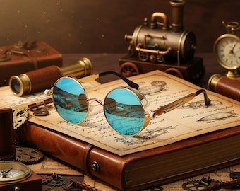Gafas de sol redondas estilo steampunk | Montura dorada con lentes espejadas | Estilo vintage con protección UV400