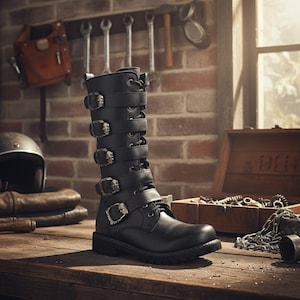 Może przedstawiać: Czarny skórzany but do kolan z wieloma paskami z klamrami. But ma srebrne klamry w kształcie czaszki i sznurowanie z przodu. But stoi na drewnianej powierzchni z tłem z ceglanej ściany.