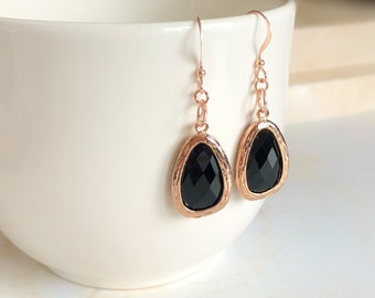 Black Faceted Rose Gold Earrings