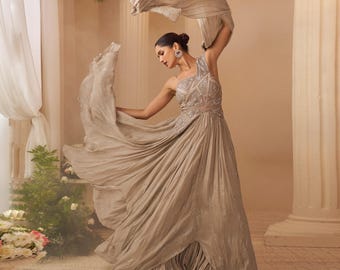 Bridal Gown: Beige Chinon Silk with Hand Embroidery - Voluminous CanCan