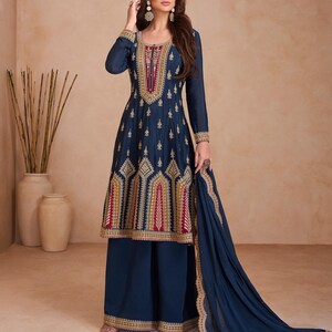 Navy Blue Kurta Set - Embroidered Chinon Fabric with Palazzo Pants