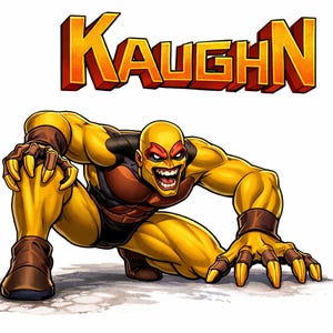 May include: A comic book illustration of a yellow-skinned character in a crouching pose. The character has a bald head, red mask, and brown and black attire. The character's hands have long, yellow claws. The word "KAUGHN" is written in orange 3D letters above the character.