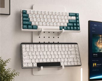 Supporto da parete per tastiera con pannello forato in metallo, supporto doppio per tastiera meccanica per 2 tastiere, organizer salvaspazio per postazione da gioco.