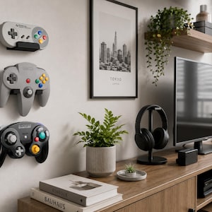Pu&ograve; includere: Tre controller da gioco montati a parete e disposti verticalmente. In alto un controller Super Nintendo grigio, al centro un controller Nintendo 64 grigio e in basso un controller Nintendo GameCube nero, ciascuno fissato su un supporto nero.
