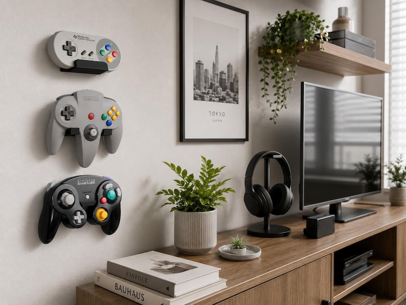 Pu&ograve; includere: Tre controller da gioco montati a parete e disposti verticalmente. In alto un controller Super Nintendo grigio, al centro un controller Nintendo 64 grigio e in basso un controller Nintendo GameCube nero, ciascuno fissato su un supporto nero.