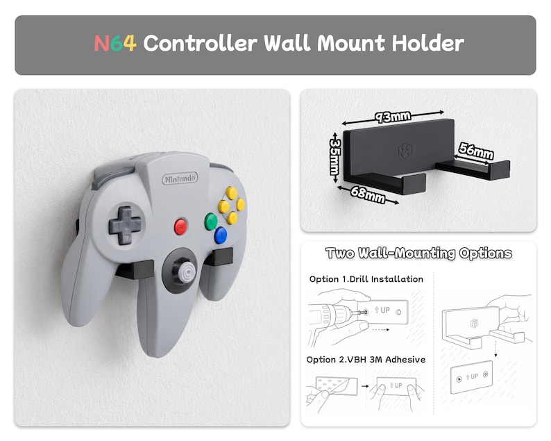 Pu&ograve; includere: Un supporto da parete in plastica nera per controller N64. Il supporto misura 93mm di larghezza, 35mm di altezza e 68mm di profondit&agrave;, con bracci lunghi 56mm. Include due metodi di installazione: a trapano o con adesivo 3M. Il testo riporta N64 Controller Wall Mount Holder e Two Wall-Mounting Options.