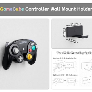 Pu&ograve; includere: Un supporto da parete nero per controller GameCube che misura 69mm per 35mm per 62mm. Il supporto &egrave; mostrato con un controller di gioco nero e include diagrammi per due metodi di installazione: a trapano o con adesivo VBH 3M.