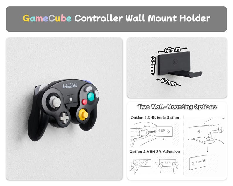 Pu&ograve; includere: Un supporto da parete nero per controller GameCube che misura 69mm per 35mm per 62mm. Il supporto &egrave; mostrato con un controller di gioco nero e include diagrammi per due metodi di installazione: a trapano o con adesivo VBH 3M.