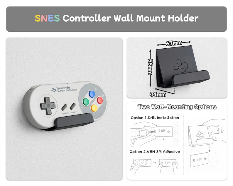 Pu&ograve; includere: Un supporto da parete nero per controller SNES con larghezza 67mm, altezza 56mm e profondit&agrave; 44mm. Il supporto sostiene un controller grigio Nintendo Super Famicom. L'immagine include etichette di testo per due opzioni di montaggio: trapano o adesivo.