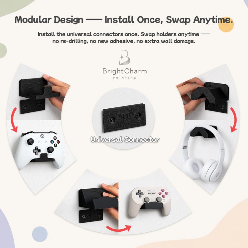 Pu&ograve; includere: Un sistema di montaggio a parete modulare nero con una base di connessione universale e supporti intercambiabili per controller di gioco e cuffie. Il testo recita Modular Design &mdash; Install Once, Swap Anytime e Universal Connector.