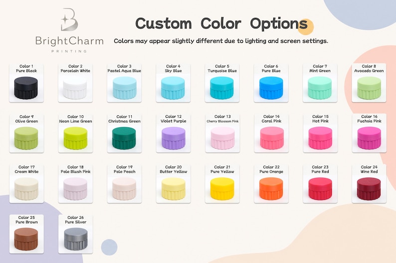 Pu&ograve; includere: Una tabella colori intitolata Custom Color Options di BrightCharm Printing che mostra ventisei piccoli contenitori cilindrici a coste in varie tonalit&agrave;, tra cui nero, bianco, blu, verde, viola, rosa, giallo, arancione, rosso, marrone e argento.