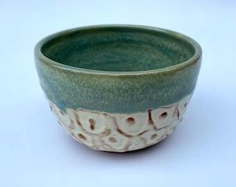 Swag dot wheel thrown ceramic bowl creamy off white and flowy green